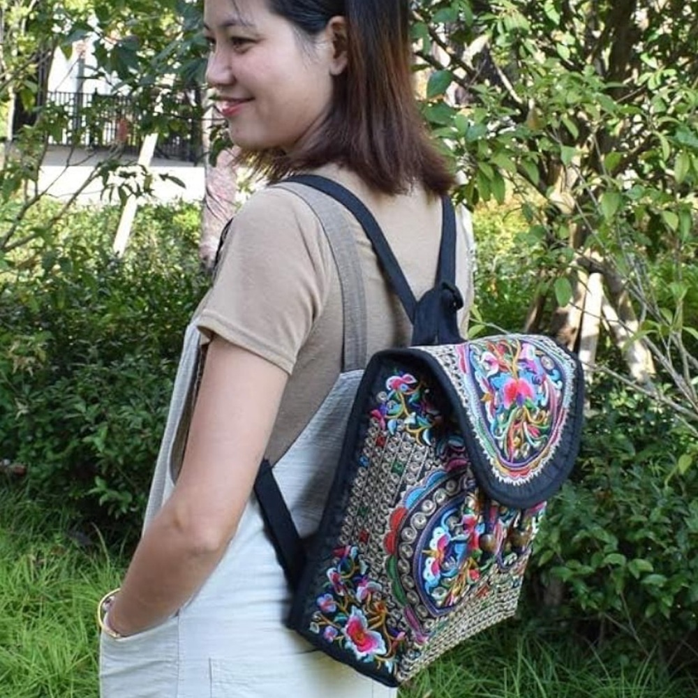 Women's Vintage Unique Cute Canvas Backpack Purse with Floral Embroidery - Picture 2 of 13